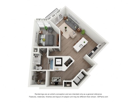 this is a 3d floor plan of a 757 square foot 1 bedroom apartment at the